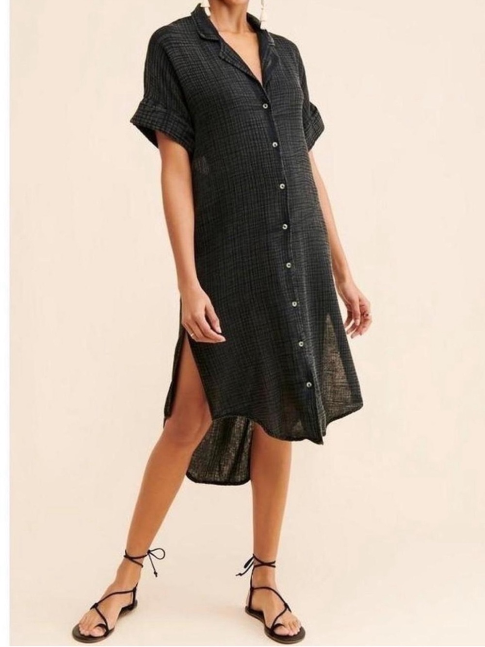 Anthropologie Black Button-Front High-Low 100% Cotton Gauze Coverup Shirt Dress